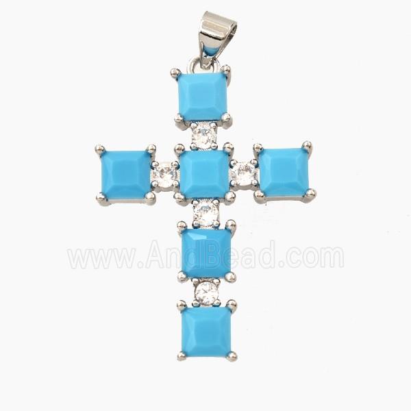 Copper Cross Pendant Pave Turq Zirconia Platinum Plated