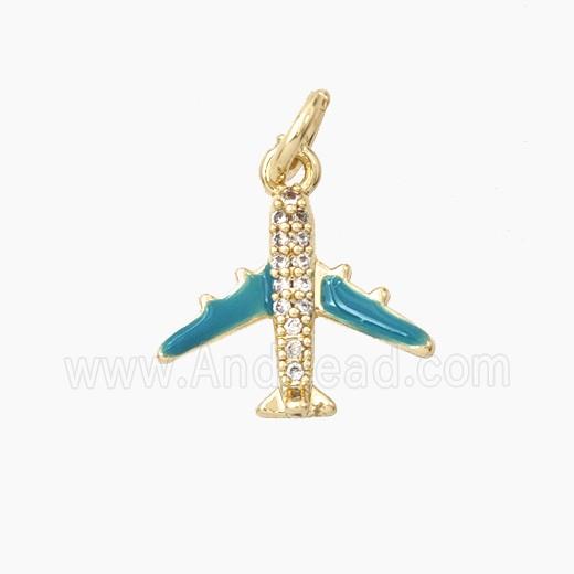 Enamel Airplane Pendant Pave Zirconia Teal Enamel Gold Plated