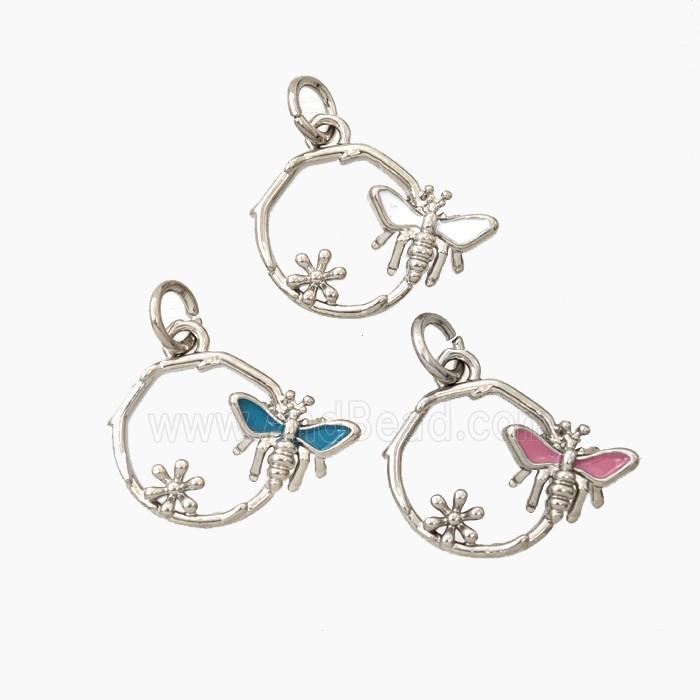 Copper Honeybee And Flower Pendant Enamel Platinum Plated Mixed