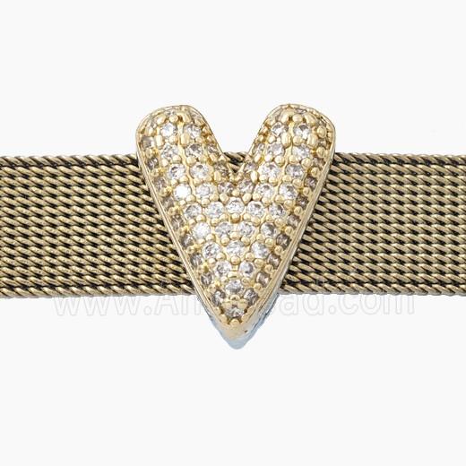 Copper Letter-V Beads Pave Zirconia Flat Hole Gold Plated