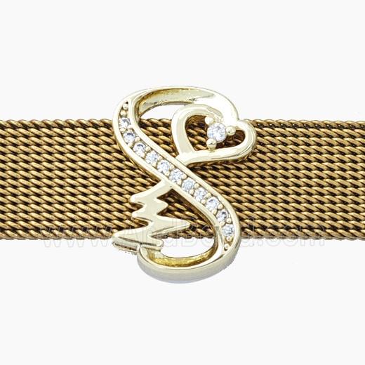 Copper Infinity Beads Pave Zirconia Flat Hole Heart Gold Plated