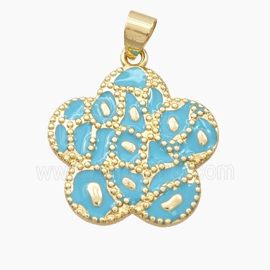 Copper Flower Pendant Teal Enamel Bohemia Style Gold Plated