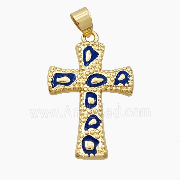 Copper Cross Pendant Blue Enamel Bohemia Style Gold Plated