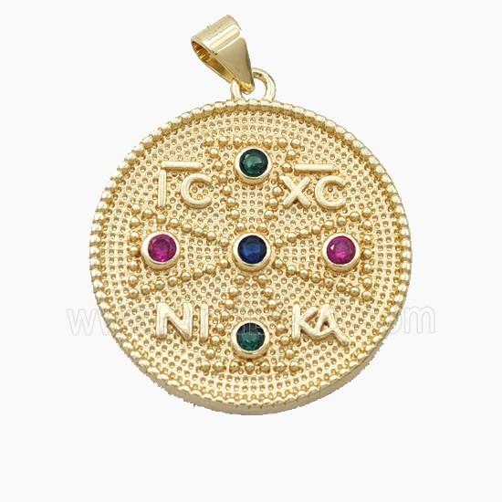 Copper Greek Cross Pendant Pave Zirconia Coin Gold Plated