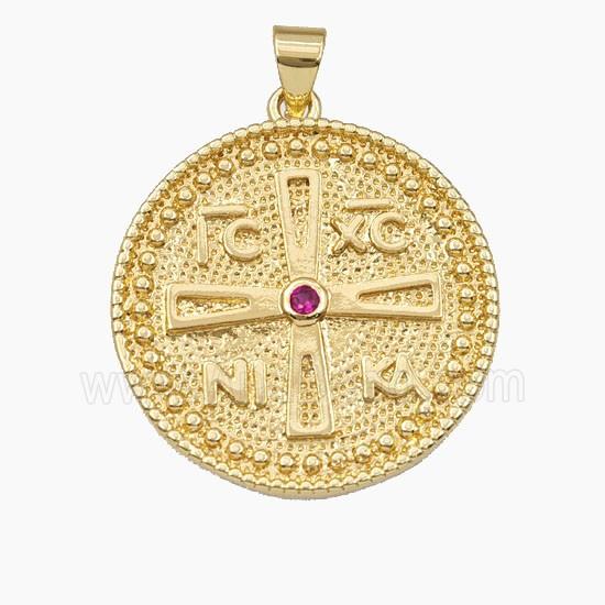 Copper Greek Cross Pendant Pave Zirconia Coin Gold Plated