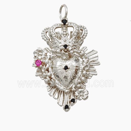Copper Crown Heart Pendant Pave Zirconia Platinum Plated