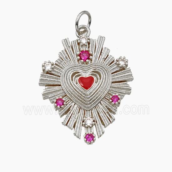 Copper Heart Pendant Pave Zirconia Ribbed Platinum Plated