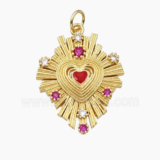 Copper Heart Pendant Pave Zirconia Ribbed Gold Plated