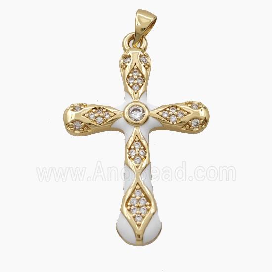 Copper Cross Pendant Pave Zirconia White Enamel Gold Plated