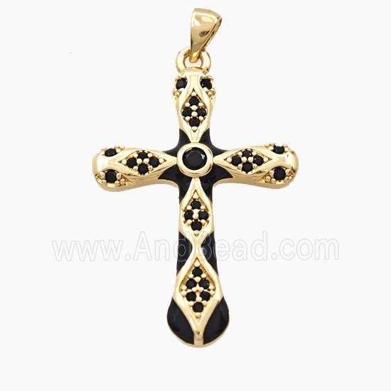 Copper Cross Pendant Pave Zirconia Black Enamel Gold Plated