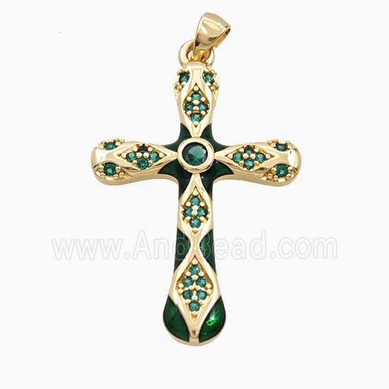 Copper Cross Pendant Pave Zirconia Green Enamel Gold Plated