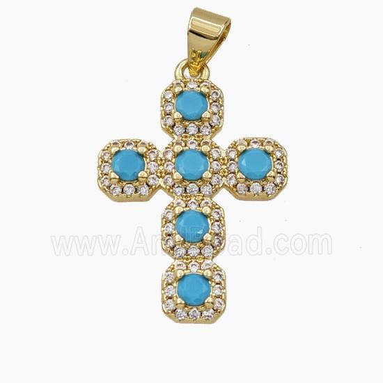 Copper Cross Pendant Pave Turqblue Zirconia Gold Plated