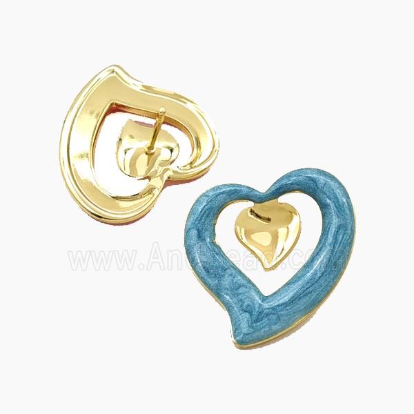 Copper Heart Stud Earrings Turqblue Enamel Gold Plated