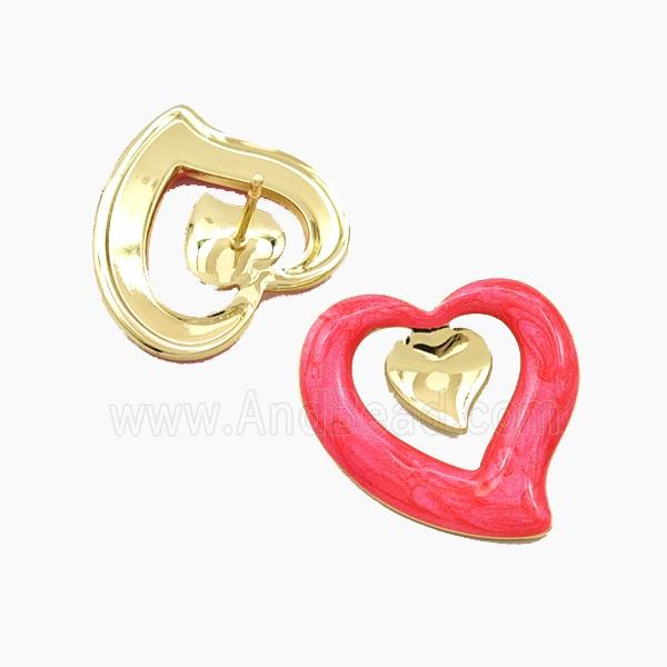 Copper Heart Stud Earrings Red Enamel Gold Plated