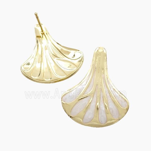 Copper Scallop Shell Stud Earrings White Enamel Gold Plated