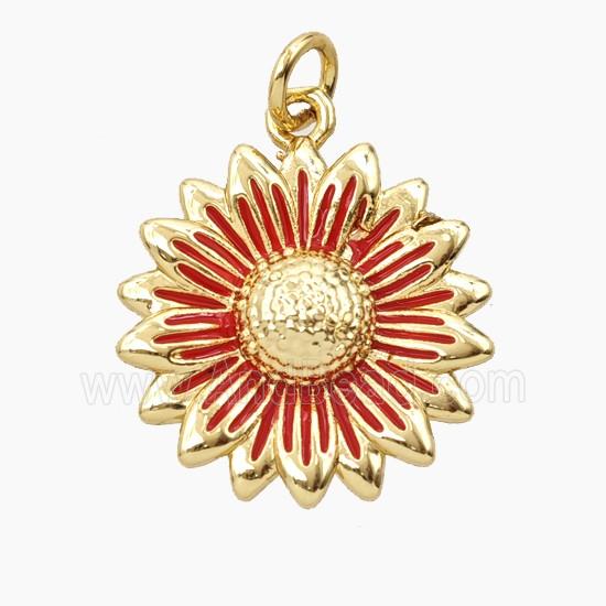 Copper Sunflower Pendant Red Enamel Gold Plated