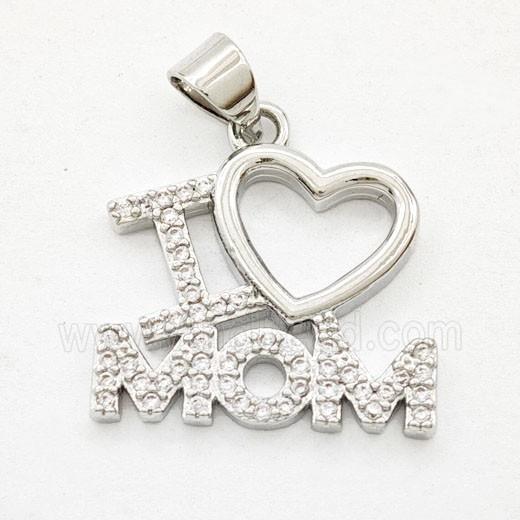 Copper Pendant Pave Zirconia I Love Mama Heart Platinum Plated