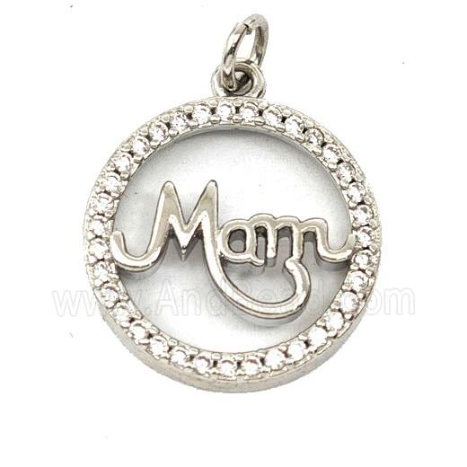 Copper MOM Pendant Pave Zirconia Circle Platinum Plated