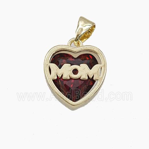 Copper Heart MOM Pendant Pave Darkred Cubic Zirconia Gold Plated