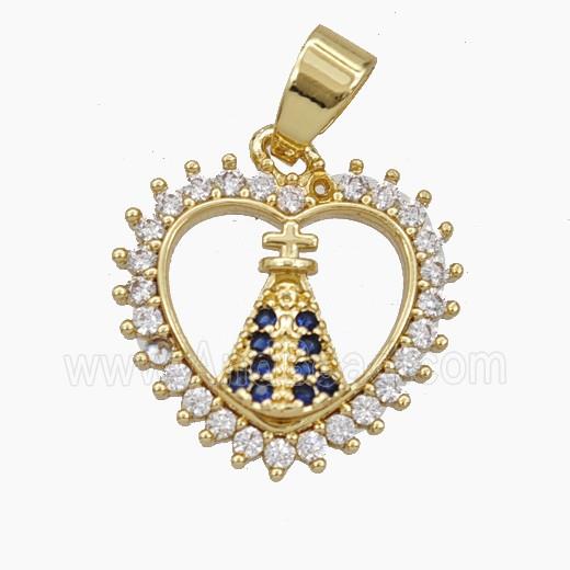 Our Lady of Aparecida Charms Copper Heart Pendant Pave Zirconia Gold Plated