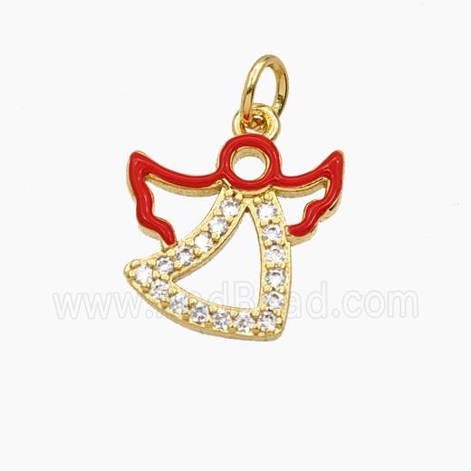 Copper Angel Pendant Pave Zirconia Red Enamel Gold Plated