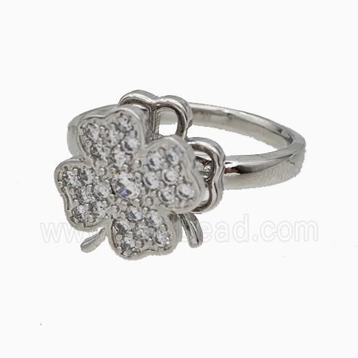 Copper Clover Rings Pave Zirconia Rotatable Adjustable Platinum Plated