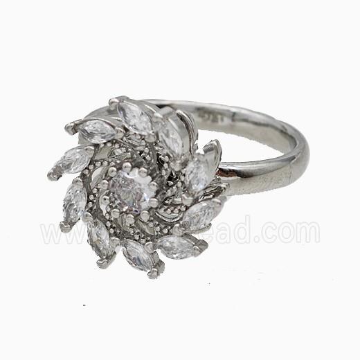 Copper Sunflower Rings Pave Zirconia Rotatable Adjustable Platinum Plated