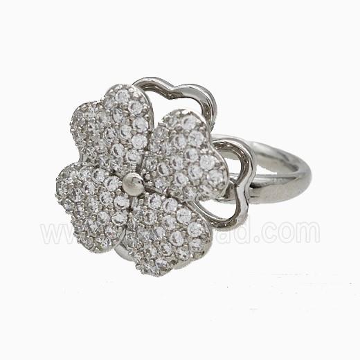 Copper Clover Rings Pave Zirconia Rotatable Adjustable Platinum Plated