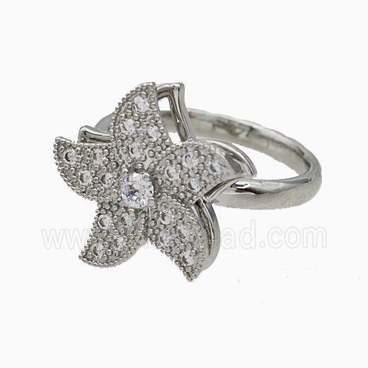 Copper Starfish Rings Pave Zirconia Rotatable Adjustable Platinum Plated