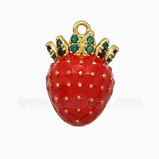 Copper Strawberry Pendant Micropave Zirconia Red Enamel Gold Plated