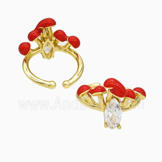 Copper Mushroom Rings Pave Zirconia Red Enamel Gold Plated