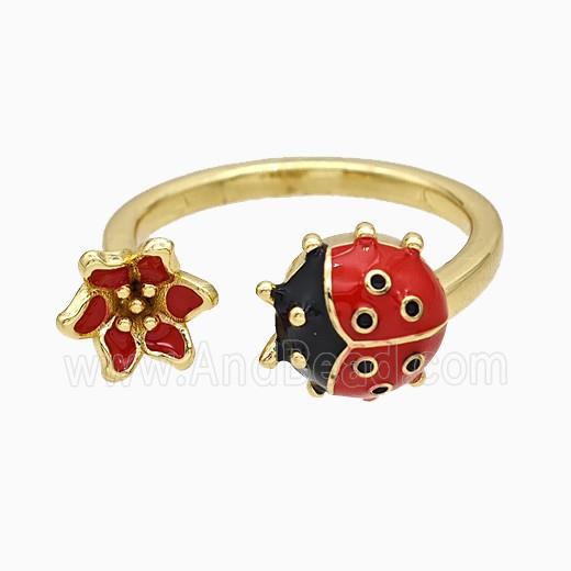 Copper Ladybug Flower Rings Red Enamel Gold Plated