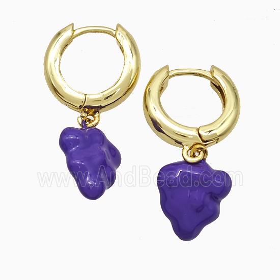 Copper Strawberry Hoop Earrings Purple Enamel Gold Plated