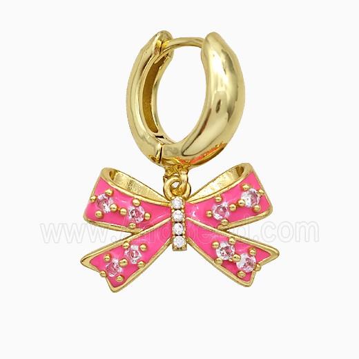 Copper Bowknot Hoop Earrings Pave Zirconia Pink Enamel Gold Plated