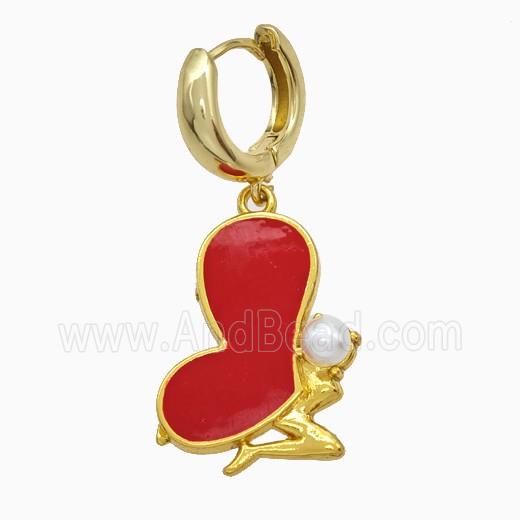 Copper Fairy Hoop Earrings Pave Pearlized Resin Red Enamel Gold Plated