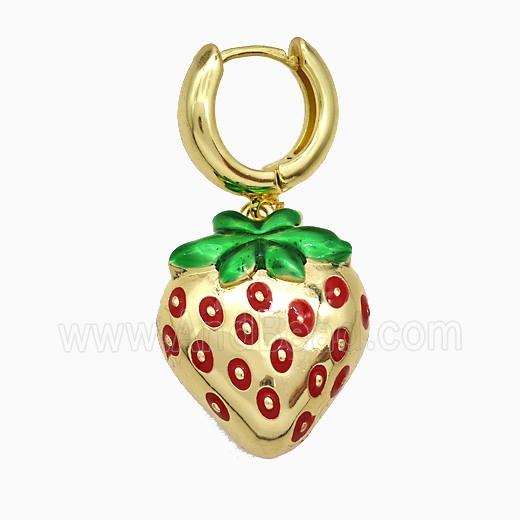 Copper Strawberry Hoop Earrings Red Enamel Gold Plated