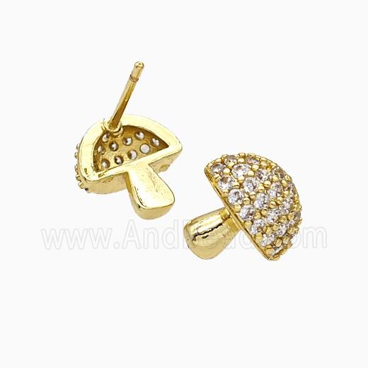 Copper Mushroom Stud Earrings Pave Zirconia Gold Plated