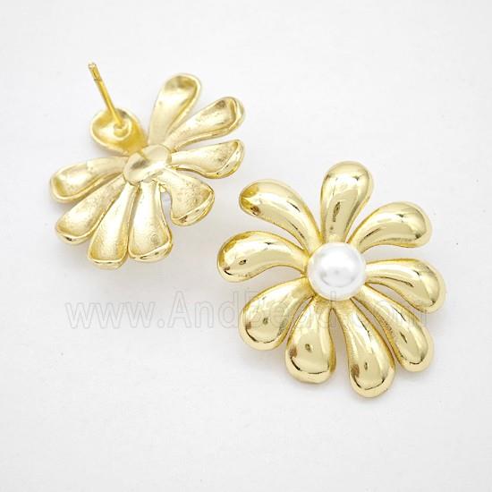 Copper Flower Stud Earrings Pave Pearlized Resin Gold Plated