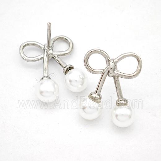 Copper Bowknot Stud Earrings Pave Pearlized Resin Platinum Plated