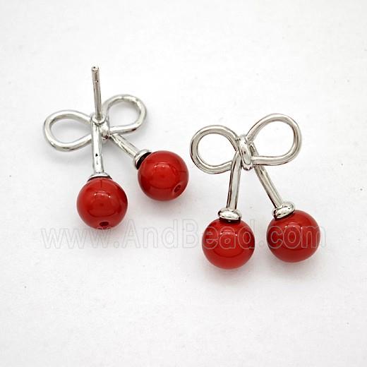 Copper Bowknot Stud Earrings Pave Red Pearlized Resin Platinum Plated