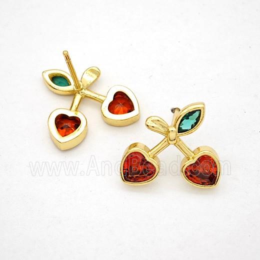Copper Cherry Stud Earrings Pave Zirconia Gold Plated