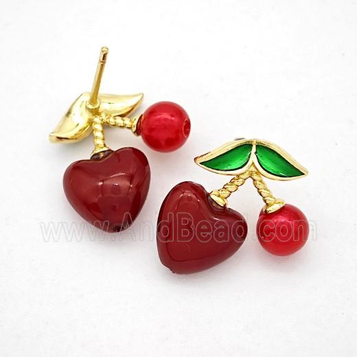 Copper Cherry Stud Earrings Pave Red Pearlized Resin Gold Plated