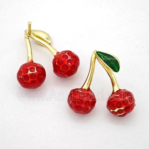 Copper Litchi Stud Earrings Red Painted Gold Plated