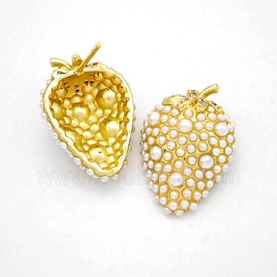 Copper Strawberry Stud Earrings Micropave Pearlized Resin Gold Plated
