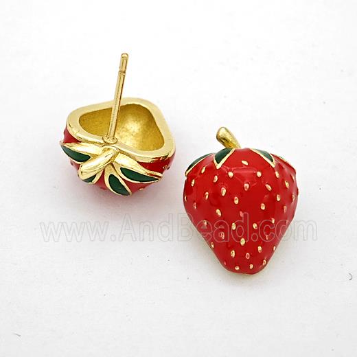 Copper Strawberry Stud Earrings Red Enamel Gold Plated