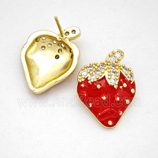 Copper Strawberry Stud Earrings Pave Zirconia Red Enamel Gold Plated