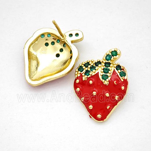 Copper Strawberry Stud Earrings Pave Zirconia Red Enamel Gold Plated