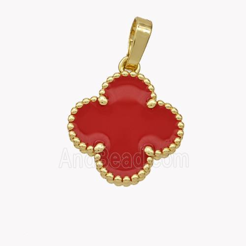 Copper Clover Pendant Red Enamel 18K Gold Plated