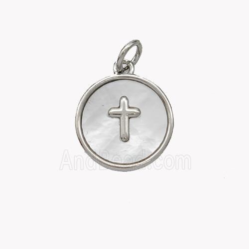 Copper Cross Pendant Pave Shell Circle Platinum Plated
