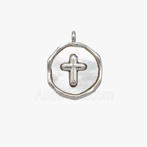 Copper Cross Pendant Pave Shell Circle Platinum Plated